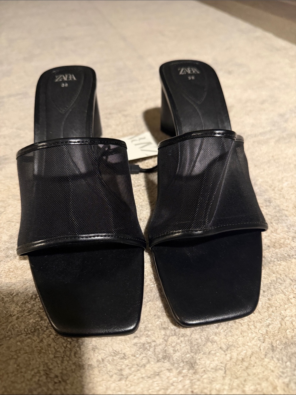 Zara | Black Mesh Square Toe Mules 38 New